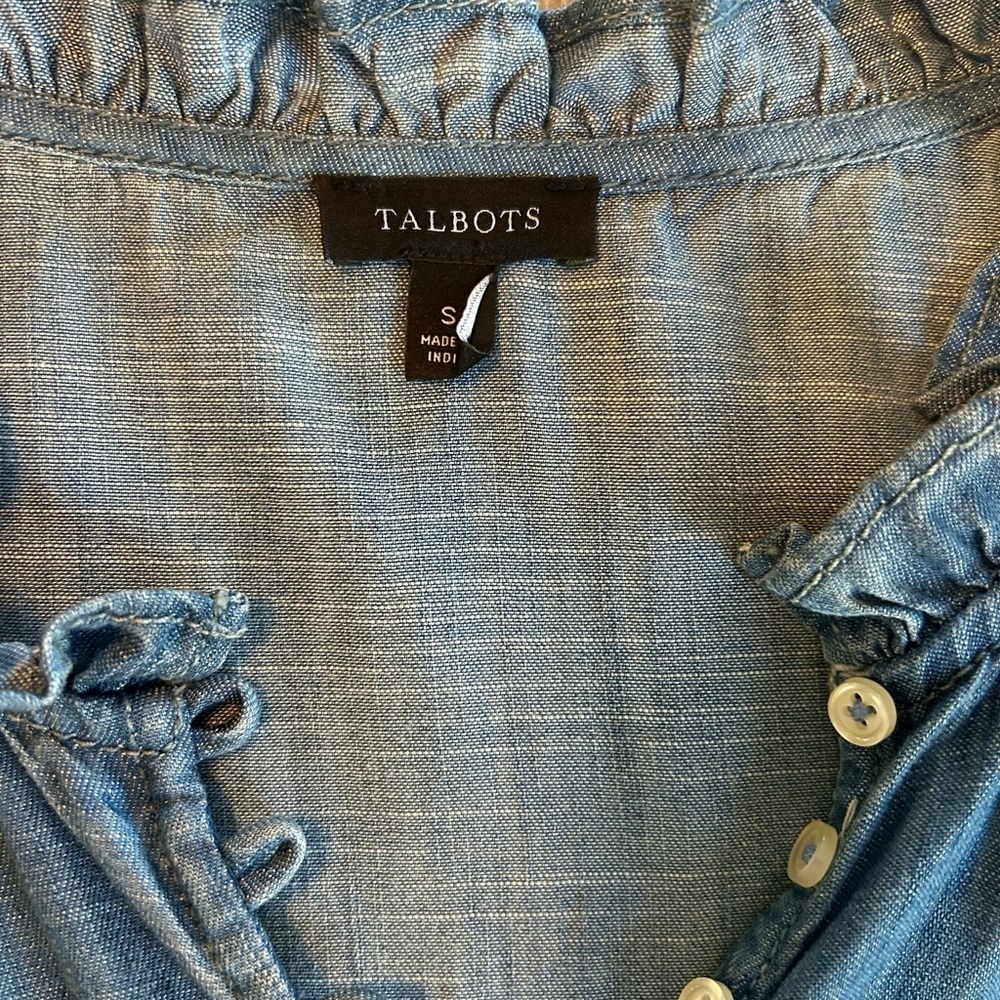TALBOTS Ruffle Trim Embroidered Denim Shell Blue Tencel Lyocell Womens Sz Small. - Picture 7 of 10
